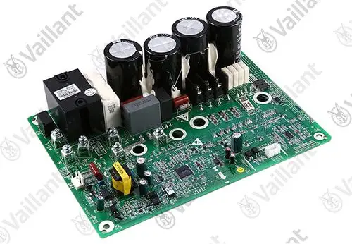 Leiterplatte von Vaillant mit mehreren Kapazitoren, Widerständen und verschiedenen Bauelementen, verwendet in inverter AirConditioning-Systemen.